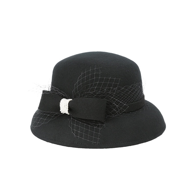 Felt Top Hat Rolled Edge with Net Gauze Pearl Bow