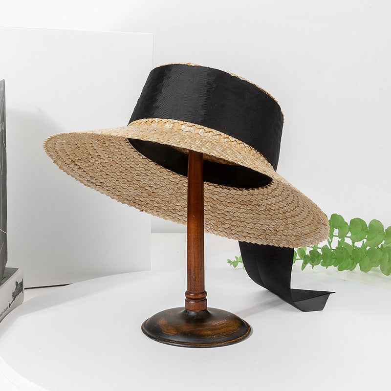 Straw Sun Hat with Black Long Webbing