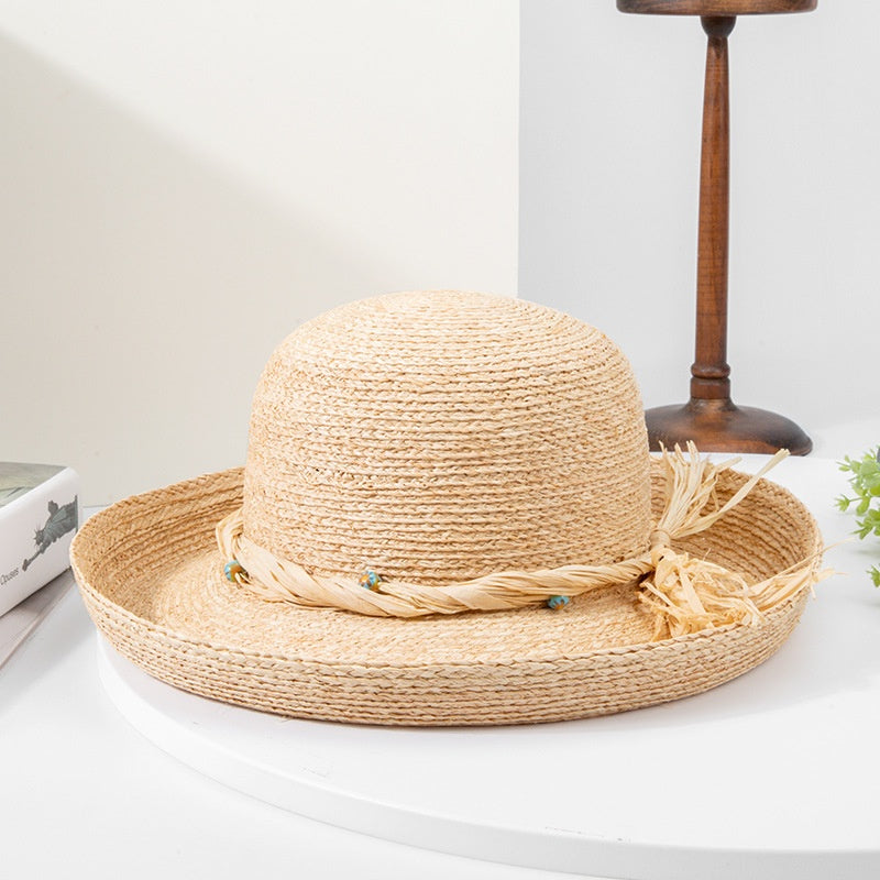 Rolled Edge Sun Hat Straw Hat with String Beads and Bow