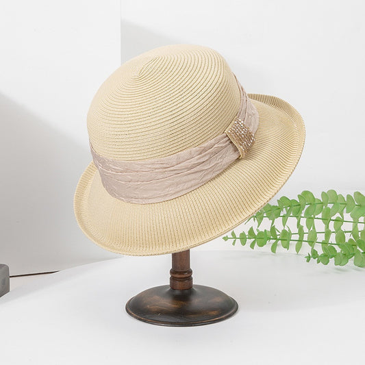Rolled Edge Sun Hat with Linen Yarn Webbing and Crystal