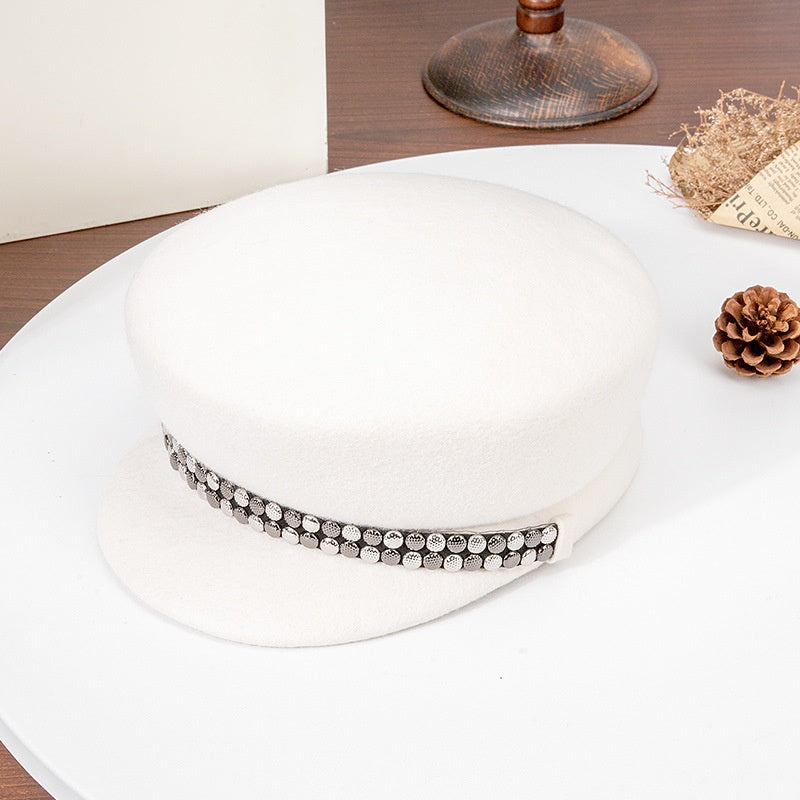 Felt Equestrian Newsboy Hat With Double-Row Copper Sheet Decoration
