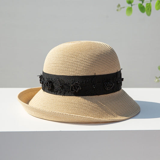 Straw Top Hat with Black Beads and Embroidery