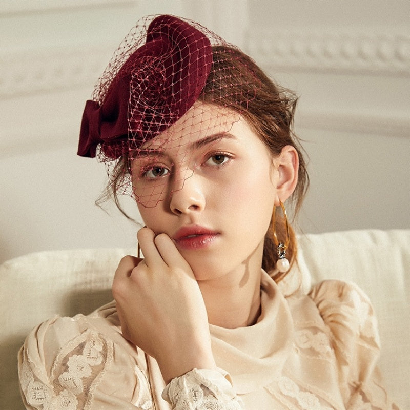 Felt Pillbox Hat with Bow and Veil