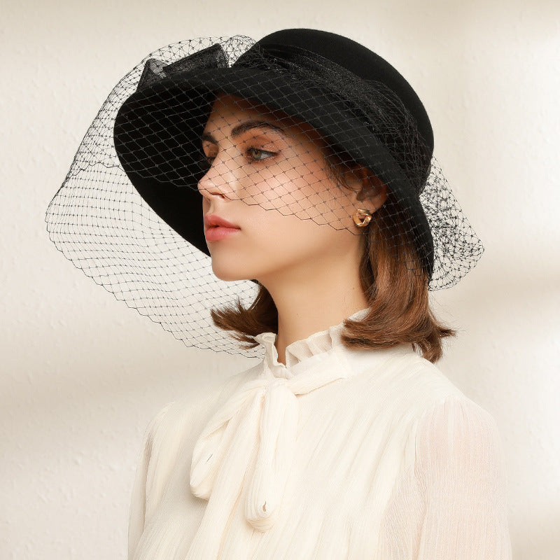 Felt Wide Brim Top Hat with Bow and Veil