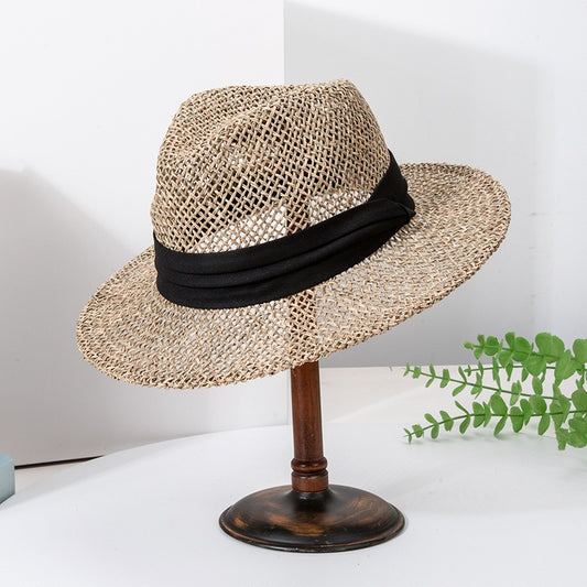 Straw Hollowed-out Hat Sun Hat with Black Decorative Band