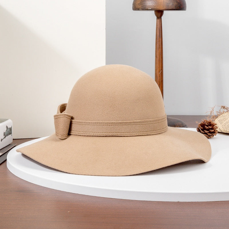 Felt Wide Brim Top Hat with Bow Webbing Decoration