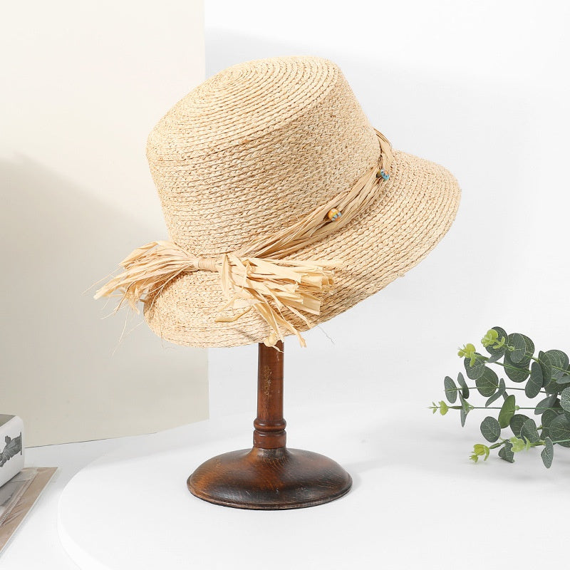 Sun Hat Straw Hat with String Beads and Bow