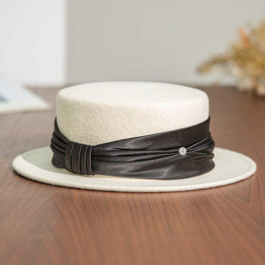 Felt Flat Top Hat with Bow Webbing and Crystal