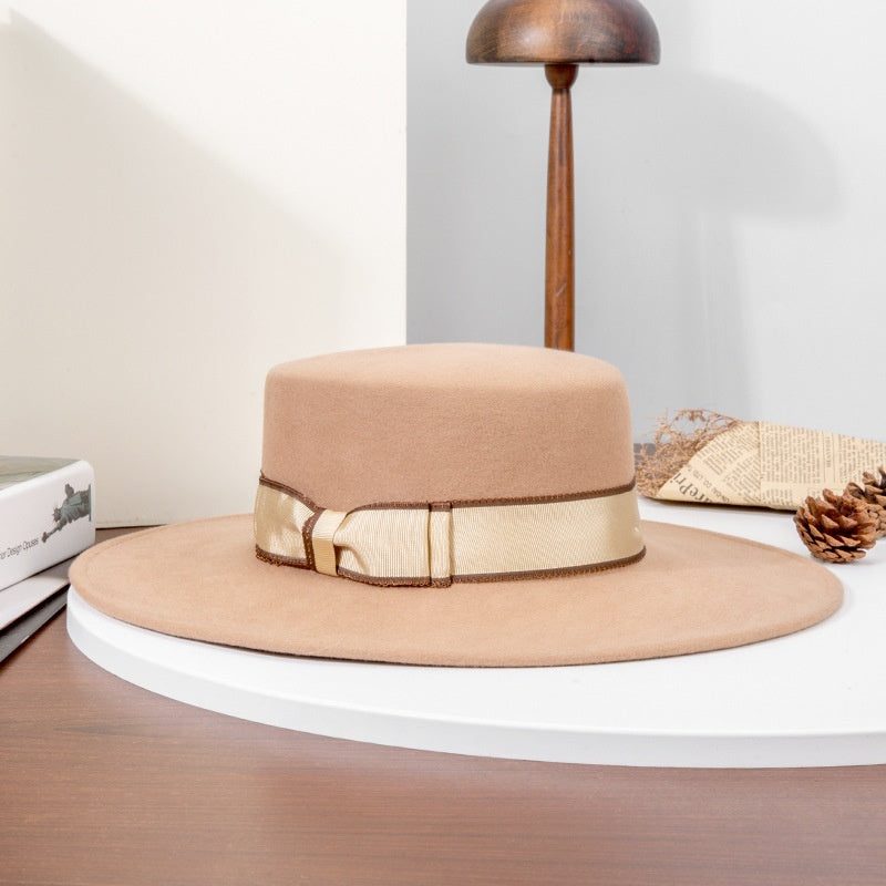 French Style Felt Wide Brim Top Hat With Bow Webbing