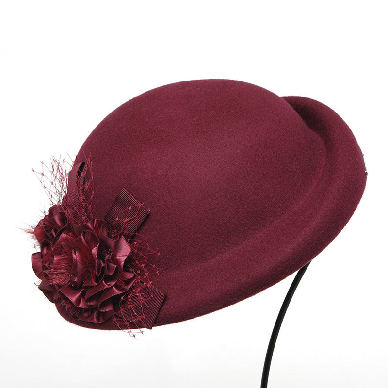 Felt Rolled Edge Beret with Flower Decoration