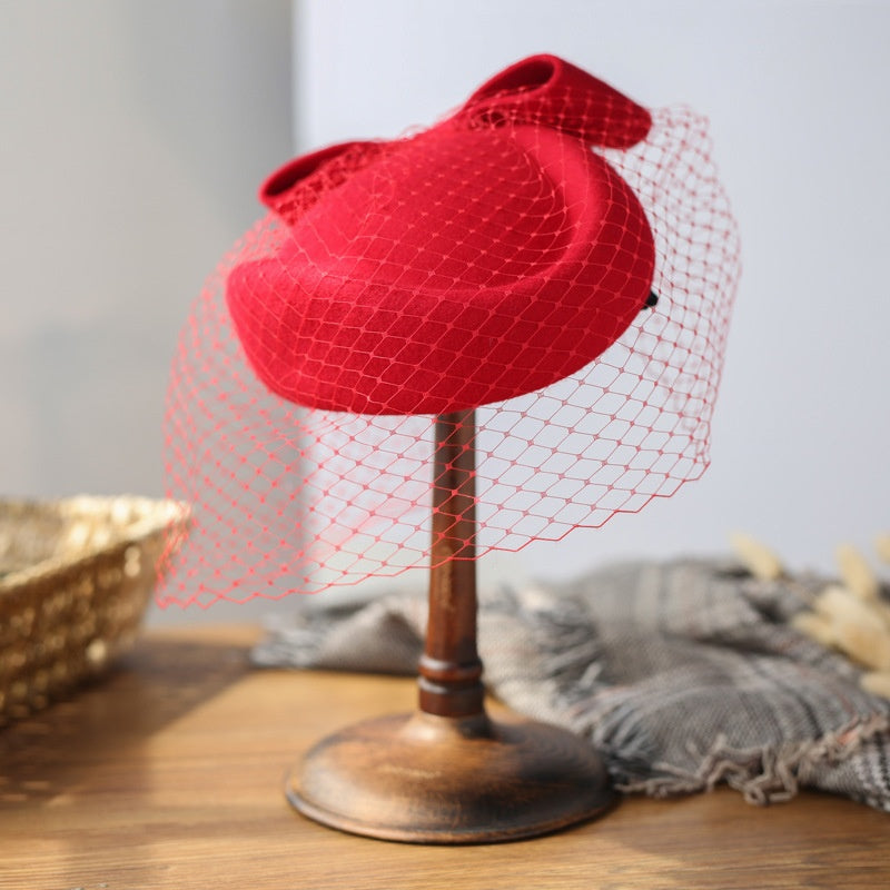 Felt Pillbox Hat with Bow and Veil