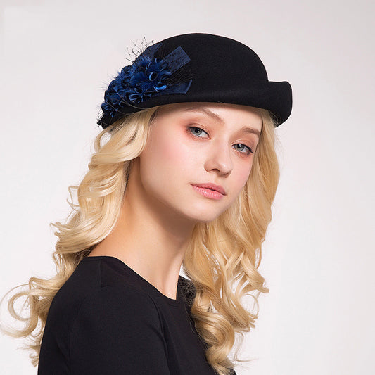 Felt Rolled Edge Beret with Flower Decoration