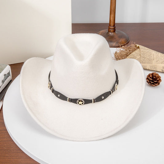 Felt Cowboy Hat with Copper Buckle Leather Strap and Star Decoration