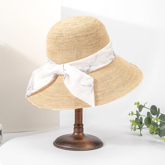 Straw Hat Sun Hat with Printed Bow
