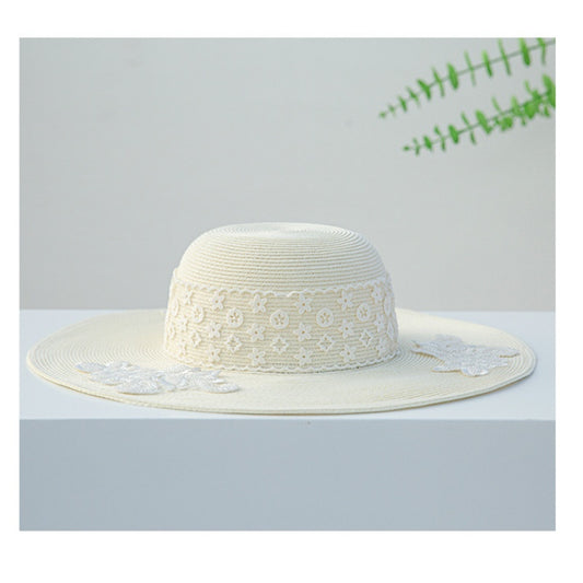 Wide Brim Straw Hat with Lace Decorative Strip and Lace Embroidery Patch