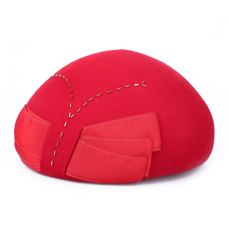 Felt Beret with Bow Webbing and Tubular Beads