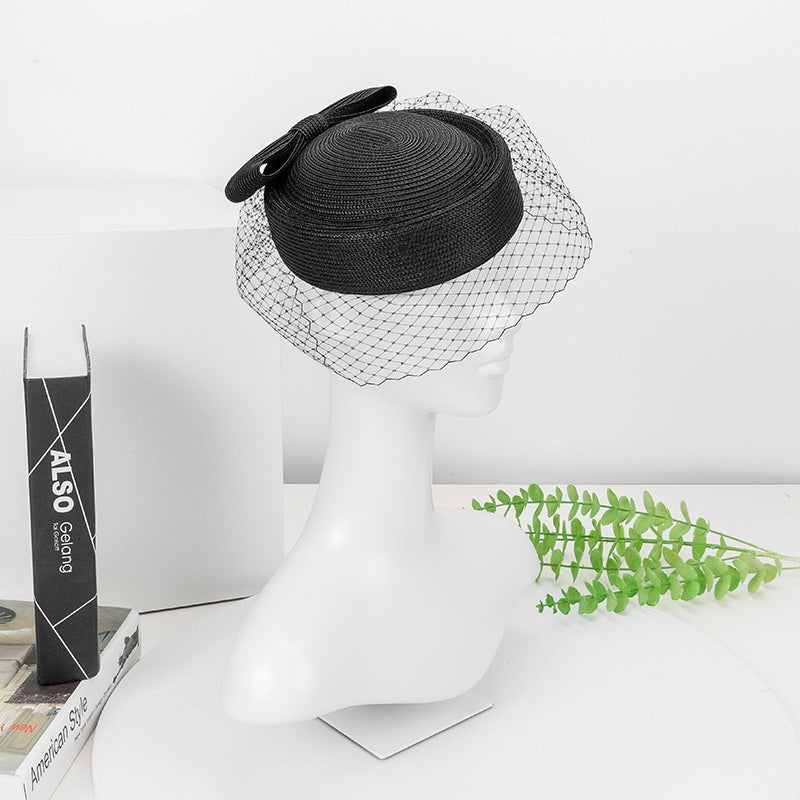 Straw Beret with Bow and Veil
