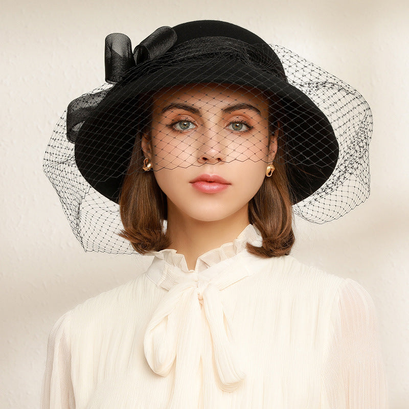 Felt Wide Brim Top Hat with Bow and Veil