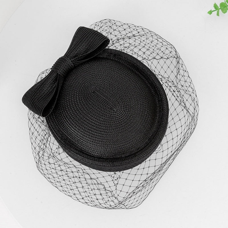 Straw Beret with Bow and Veil