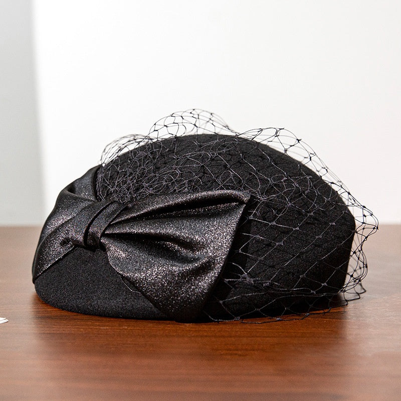 Felt Beret Pillbox Hat with Bow and Lace