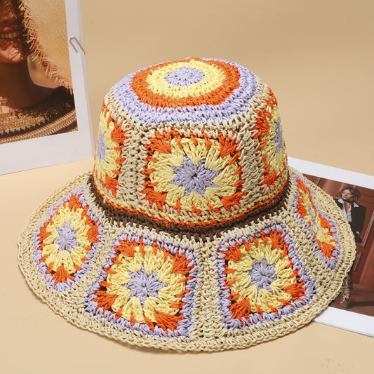 Straw Bucket Hat with Colorful Patterns