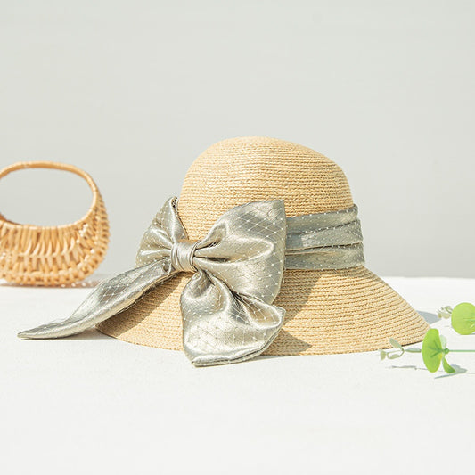 Sun Hat Straw Hat with Mesh Yarn Bow Webbing
