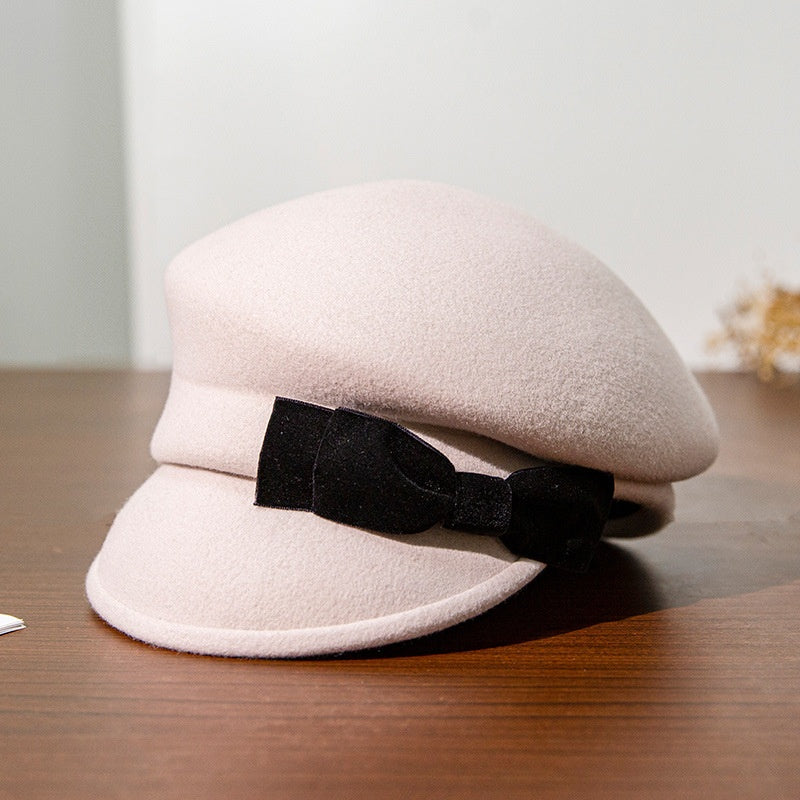 Felt Equestrian Newsboy Hat with Velvet Bow Decoration