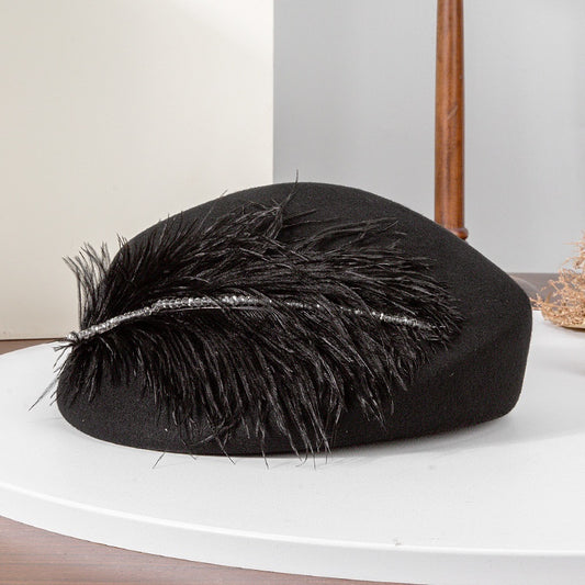 Felt Pillbox Hat with Crystal and Feather Decorations
