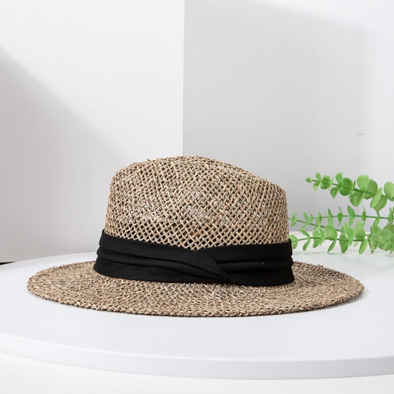 Straw Hollowed-out Hat Sun Hat with Black Decorative Band