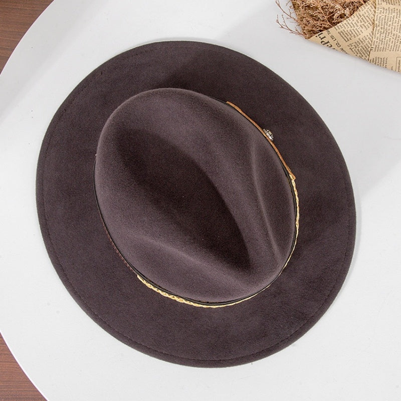 Felt Cowboy Hat with Interwoven Thread Spliced Copper Buckle Leather Strap