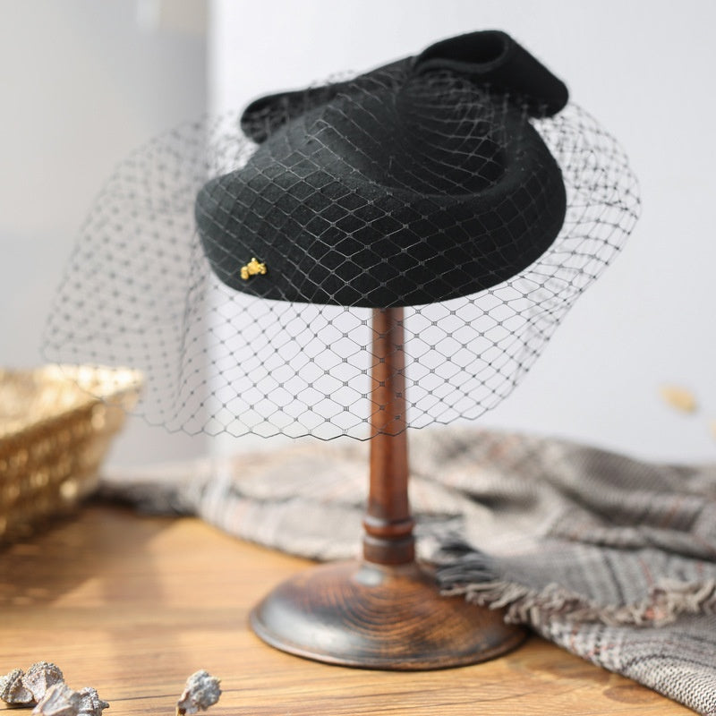 Felt Pillbox Hat with Bow and Veil