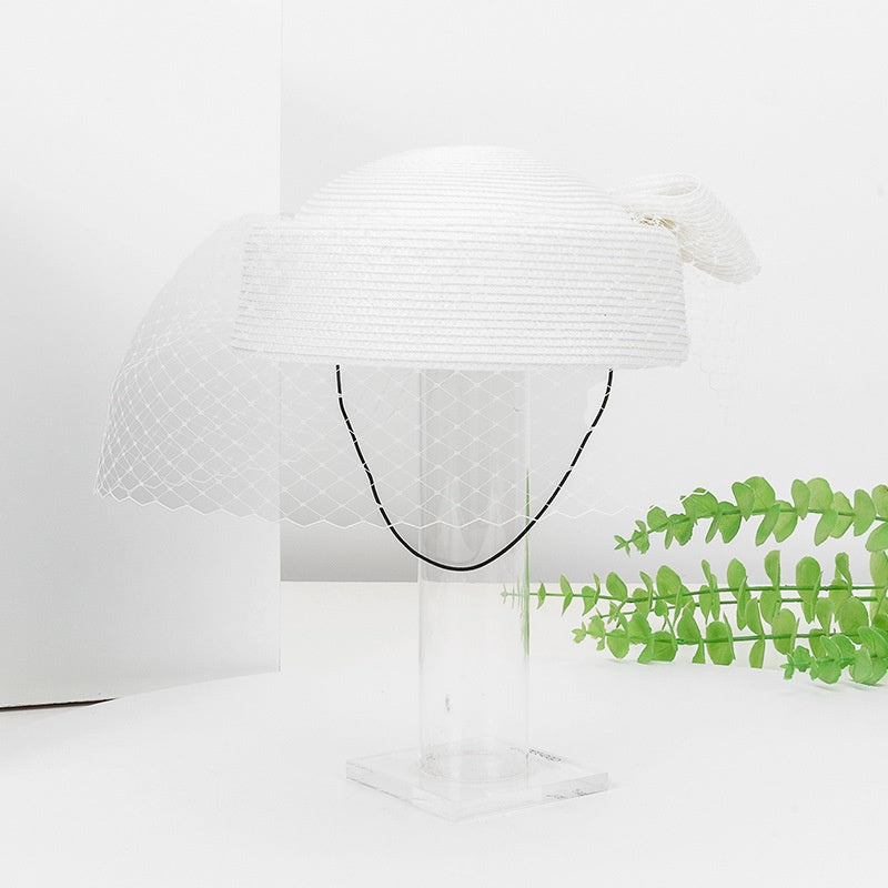 Straw Beret with Bow and Veil