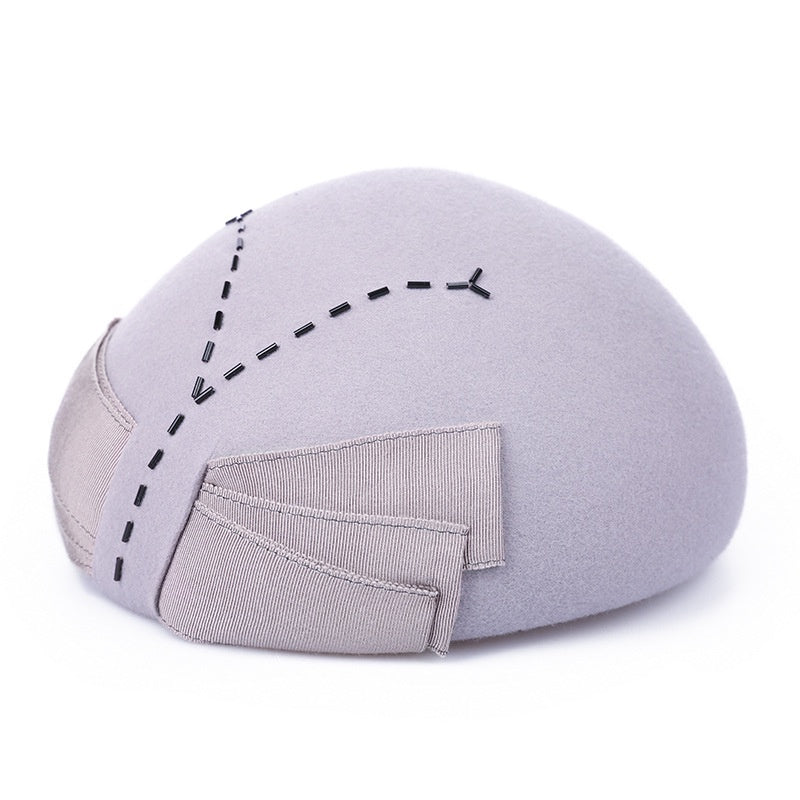 Felt Beret with Bow Webbing and Tubular Beads