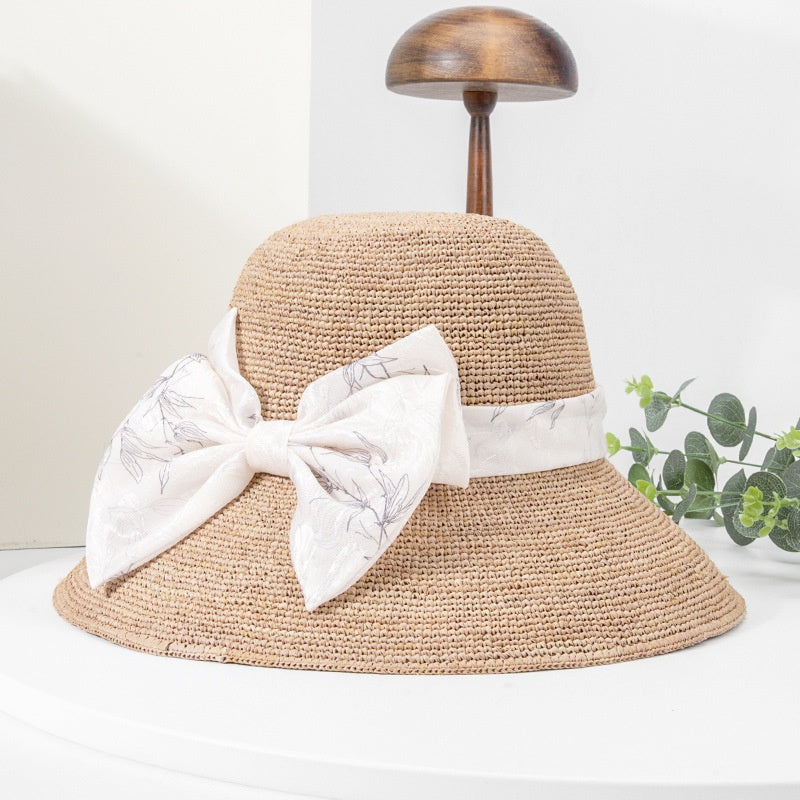 Sun Hat Straw Hat with Printed Bow