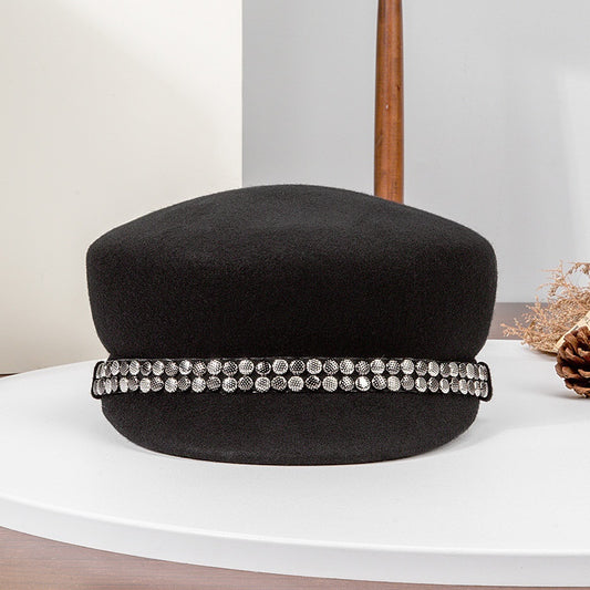 Felt Equestrian Newsboy Hat With Double-Row Copper Sheet Decoration