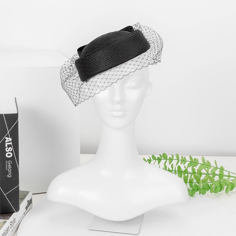 Straw Beret with Bow and Veil