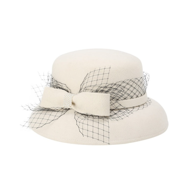 Felt Top Hat Rolled Edge with Net Gauze Pearl Bow