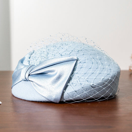 Felt Beret Pillbox Hat with Bow and Lace