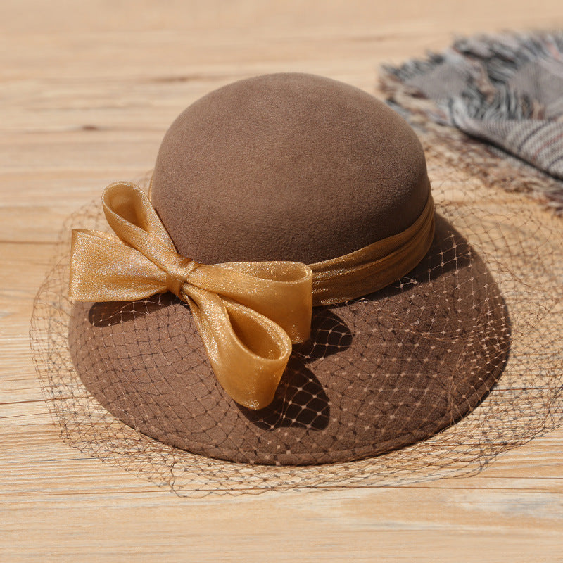 Felt Wide Brim Top Hat with Bow and Veil