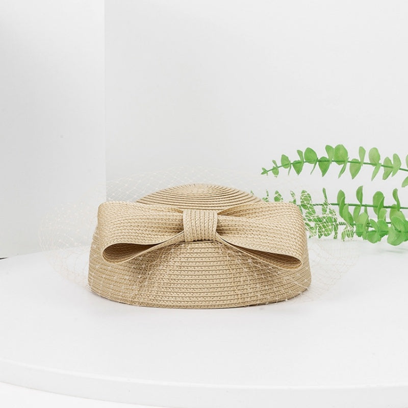 Straw Beret with Bow and Veil