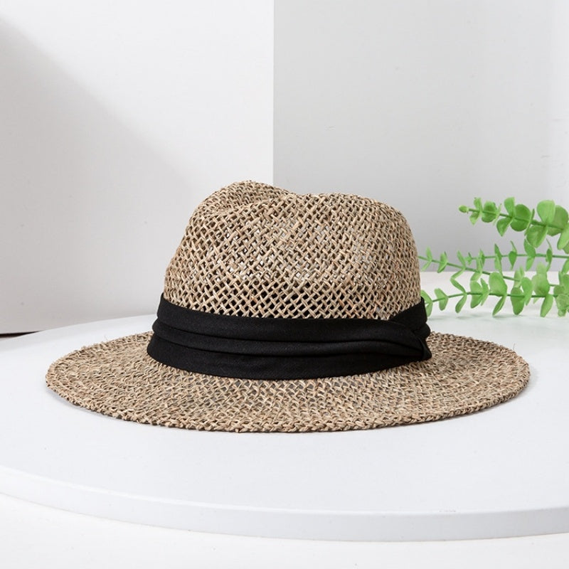 Straw Hollowed-out Hat Sun Hat with Black Decorative Band