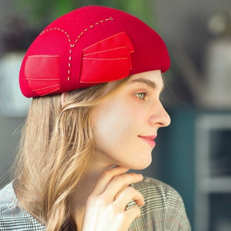 Felt Beret with Bow Webbing and Tubular Beads